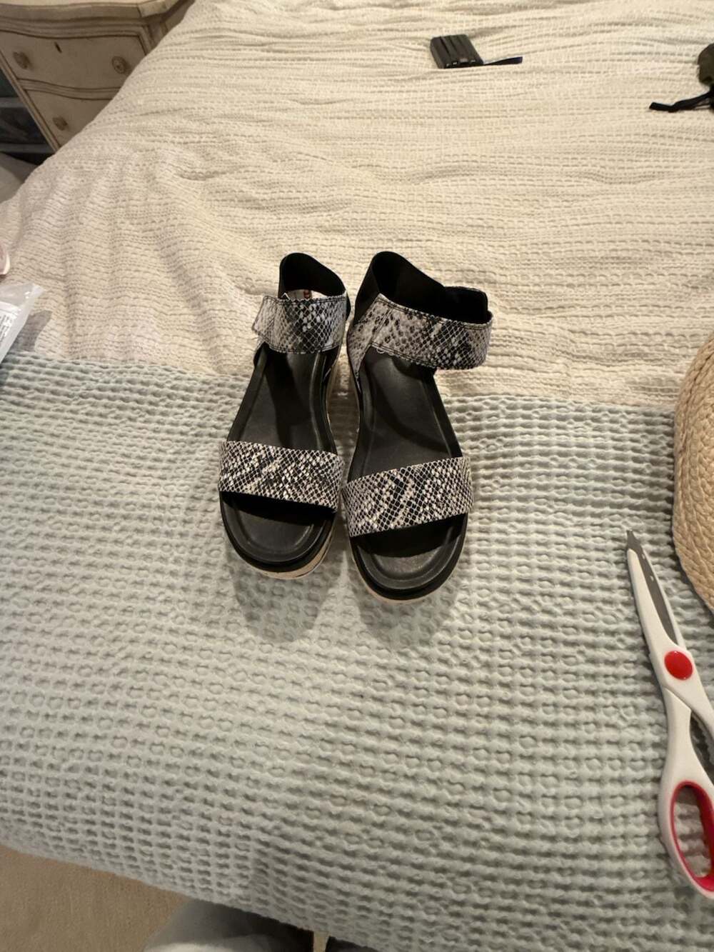 Franco Sarto Tiana 2 Black & White Snake Leather Wedge Sandals Size 6